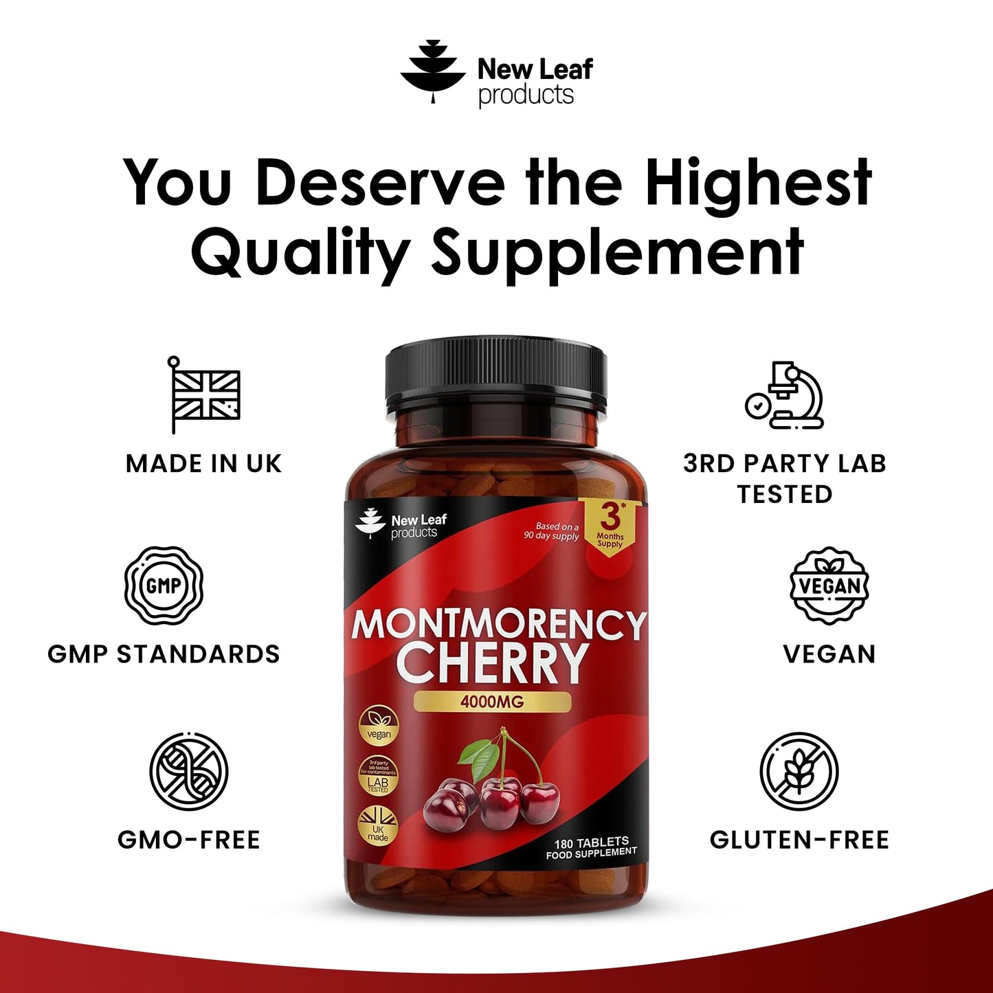Montmorency Cherry 4000mg - 180 Tablets High Strength Concentrate - Natural Tart Cherry Vegan Supplements (not Capsules or Powder) - Non-GMO, 3 Months Supply - (2 per serving) Made in The UK