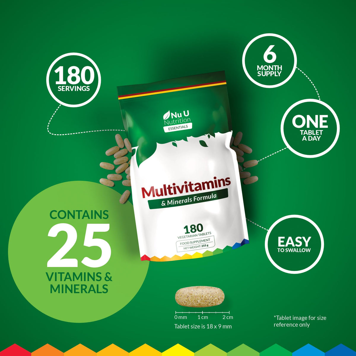 Nu U Nutrition - A-Z Multivitamin Tablets for Women & Men - 180 Tablets - 6 Month Supply - 25 High Strength Essential Nutrients Including Iron, Zinc, Magnesium, Vitamin B12, C & D3 - Made in the UK
