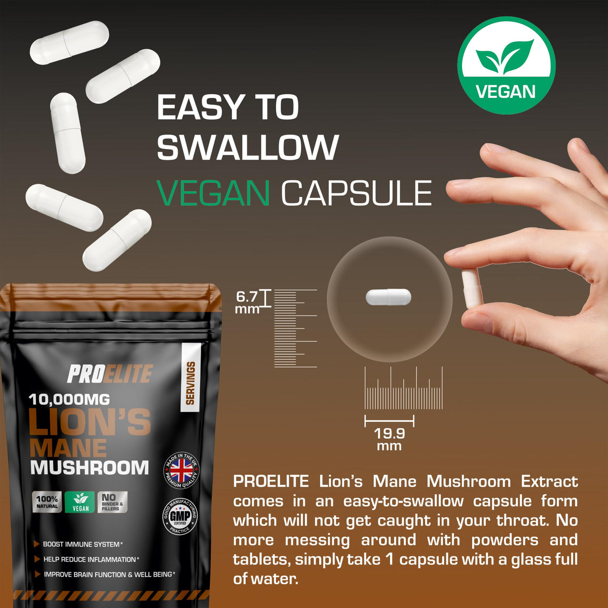 Lions Mane Mushroom Supplement 10,000mg - 120 Capsules Vegan High Strength 20:1 Extract Lions Mane Capsule Not Powder or Tablets Made in The UK by PROELITE