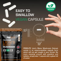 Lions Mane Mushroom Supplement 10,000mg - 120 Capsules Vegan High Strength 20:1 Extract Lions Mane Capsule Not Powder or Tablets Made in The UK by PROELITE