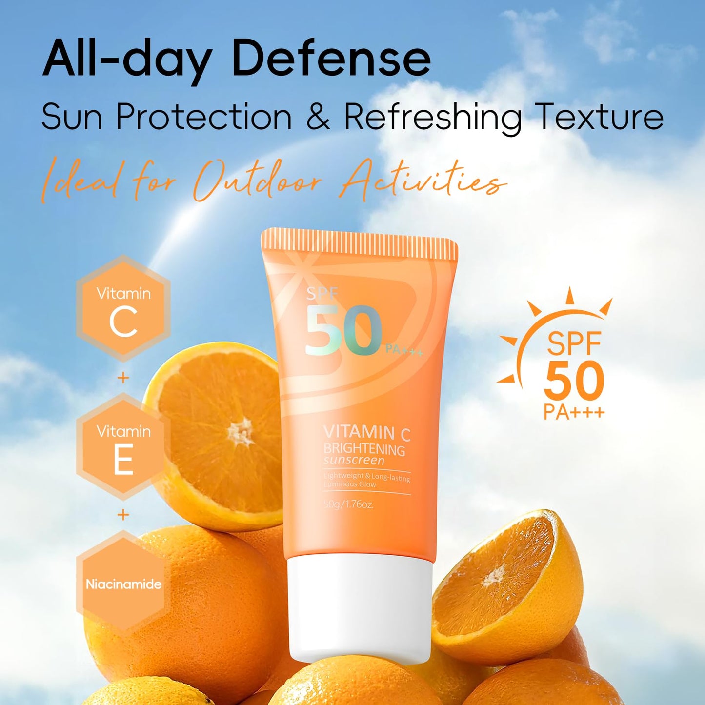 LAIKOU Vitamin C Face Sunscreen SPF50 PA++++, Daily Face & Body Sun Cream with Niacinamide & Shea Butter, UVA/UVB Protection, Lightweight, Non-Greasy Moisturiser for All Skin Types, 50g (Pack of 2)