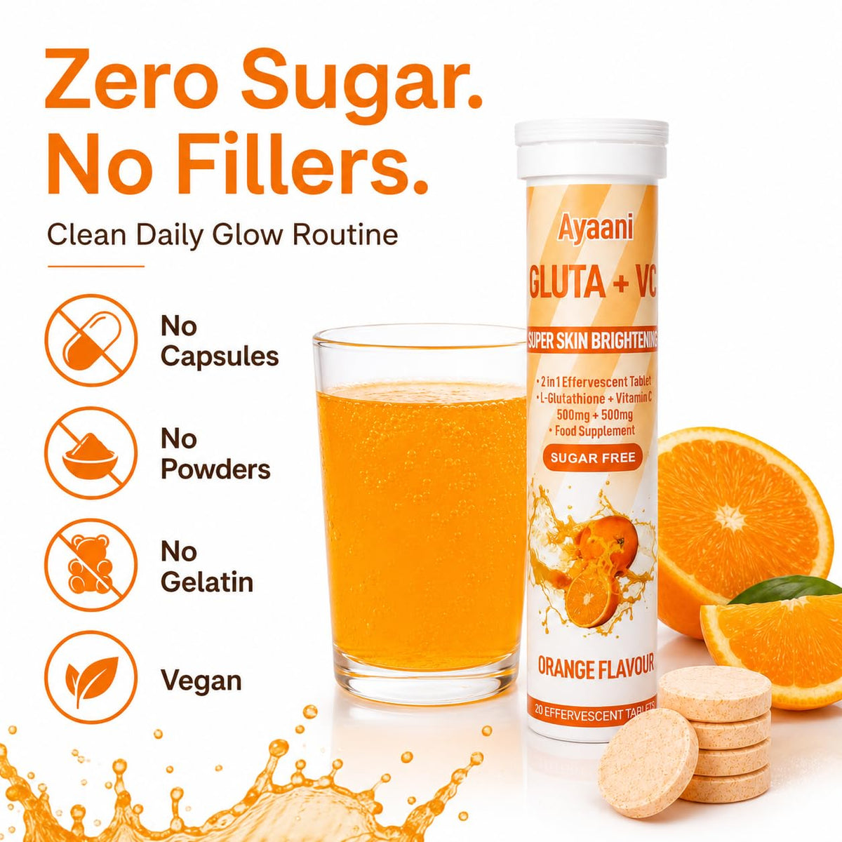 Ayaani Glow Orange Glutathione Beauty Drink | 1000mg Gluta + C with Glutathione 500mg + Vitamin C 500mg | Skin Glow, Brightening, Radiance & Even Tone | Zero Sugar, No Fillers | 20 Tablets