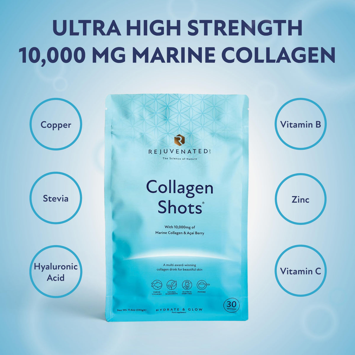 Rejuvenated Limited Rejuvenated Collagen Shots - 10,000 mg Marine Collagen Supplement Drink with Antioxidants, Vitamins & Hyaluronic Acid (30 Servings)