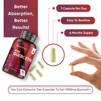 Pure Quercetin Capsules - 6 Months Supply (180 Vegan Quercetin Powder Capsules) - High Strength Quercetin Supplement - Offers Better Absorption & Effectiveness - Natural Immunity Supplement