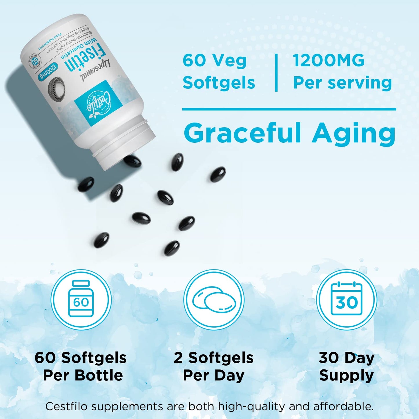 Cestfilo Liposomal Fisetin with Quercetin 1200mg | 98% Pure Fisetin | Patented Formula for Enhanced Absorption & Availability | High Strength Flavonol Complex | 60 Count (Pack of 1)