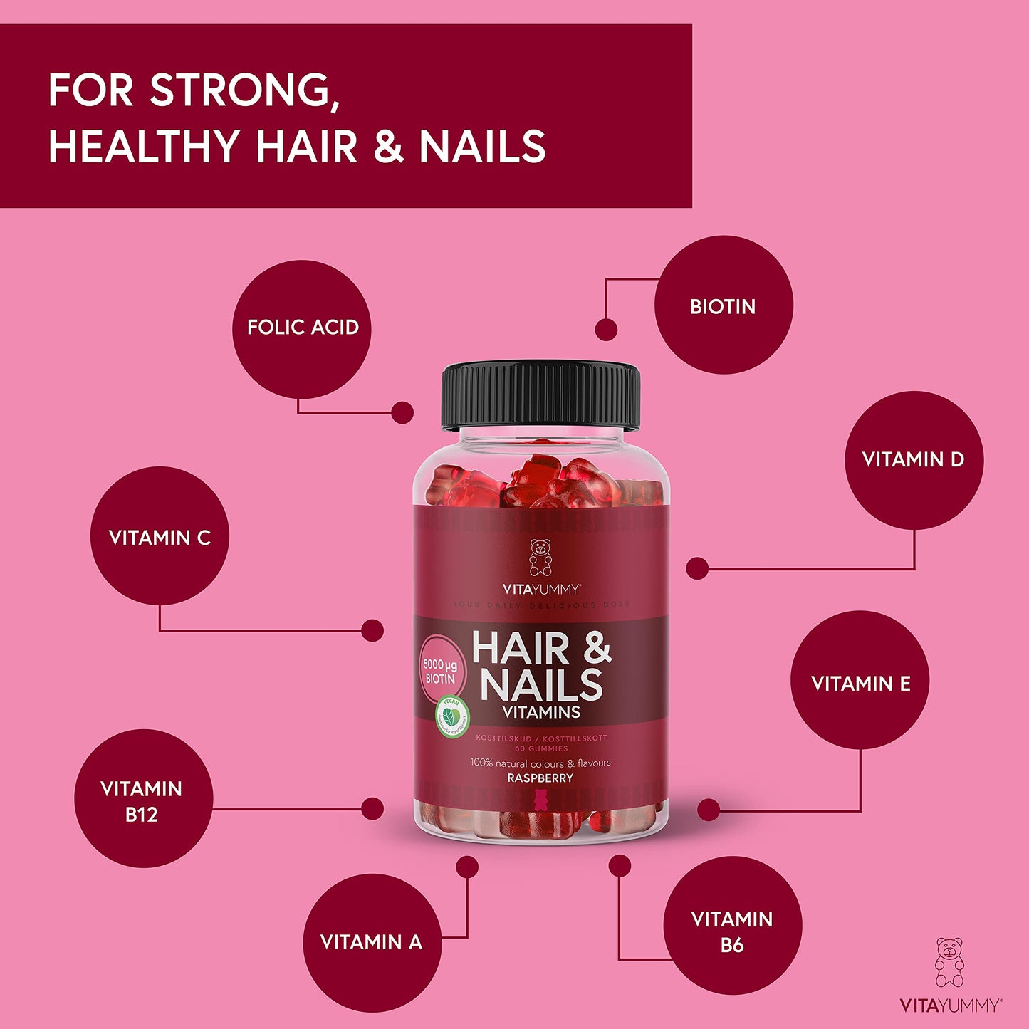 VITAYUMMY Vegan Hair Skin and Nails Vitamins for Women - Multivitamin Gummies Biotin Hair Growth Supplement - Vitamin A C D E B6 B12 Folic Acid & More - Chewable Raspberry Flavored Hair Vitamins