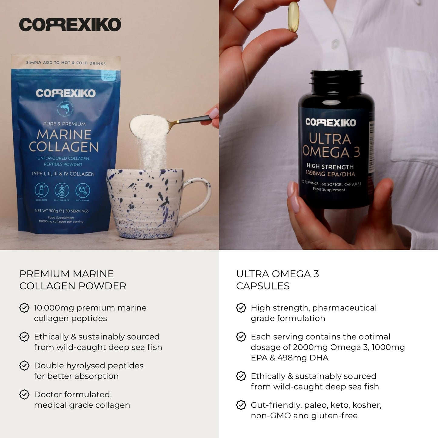 CORREXIKO Marine Collagen Powder & Ultra Omega 3 Supplement Bundle - 10,000mg Double Hydrolysed Collagen Peptides Per Serving & High Strength Omega 3 Capsules - for Hair, Skin & Nails - 30 Day Supply