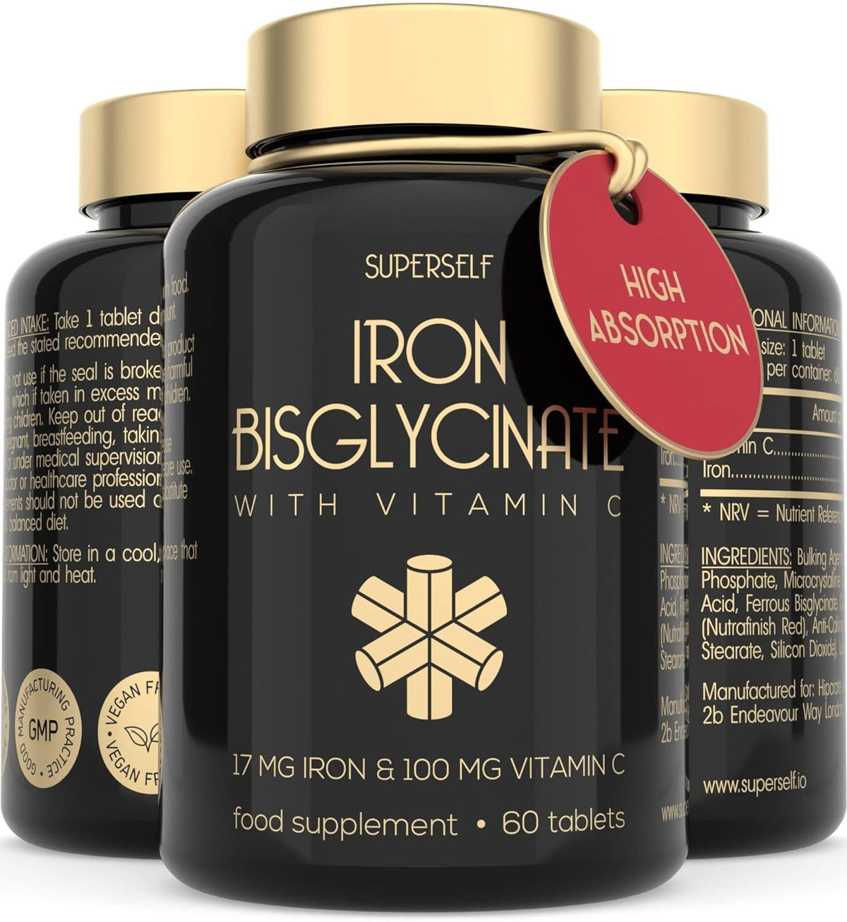 SuperSelf Gentle Iron Tablets 17mg - High Strength Iron Supplements for Women & Men with Vitamin C - Ferrous Bisglycinate for High Absorption - 60 Vegan Capsules - Energy Tablets for Tiredness and Fatigue