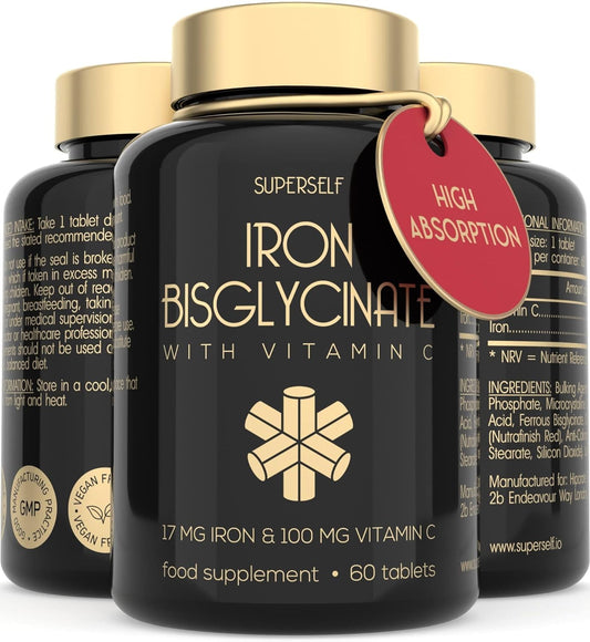 SuperSelf Gentle Iron Tablets 17mg - High Strength Iron Supplements for Women & Men with Vitamin C - Ferrous Bisglycinate for High Absorption - 60 Vegan Capsules - Energy Tablets for Tiredness and Fatigue