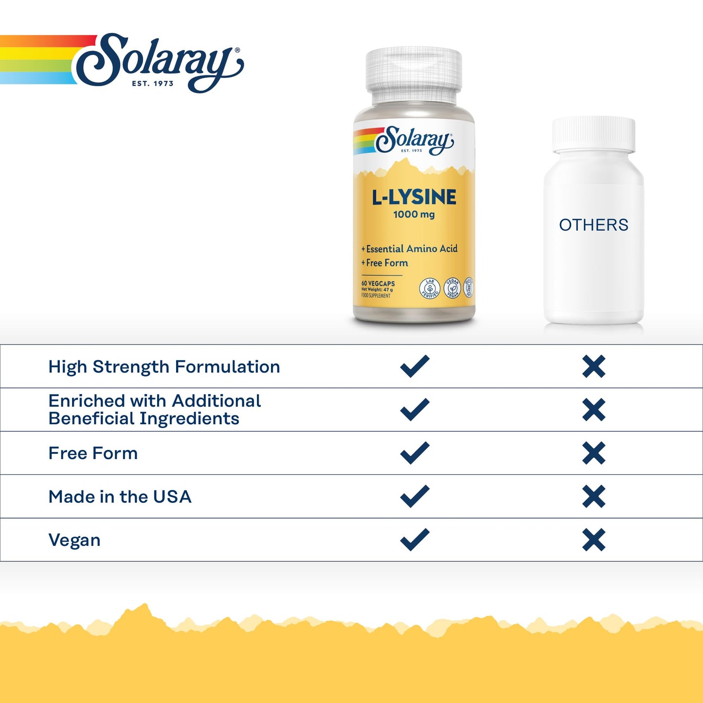 SOLARAY L-Lysine 1000mg - 60 Vegan Capsules not Powder - Double Strength l Lysine - Amino Acid Supplement - Non GMO & Lab Verified - Solaray