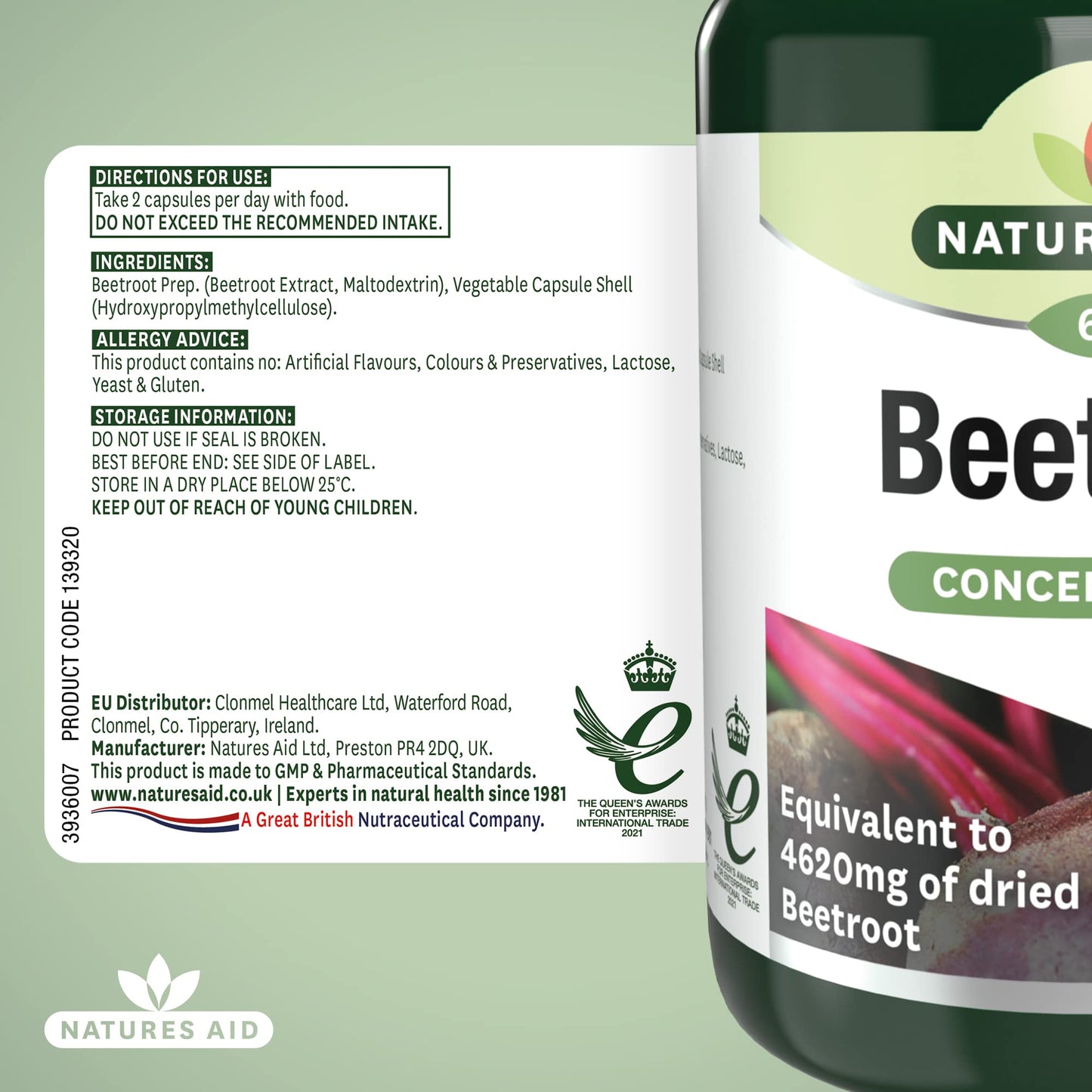 Natures Aid Beetroot 4620mg Supplement - Concentrated High Potency 9240mg Dried Root 1400mg Beetroot Extract - Supports Blood Pressure, Digestion and Detox - Non-GMO, Vegan, Gluten-Free - 60 Capsules