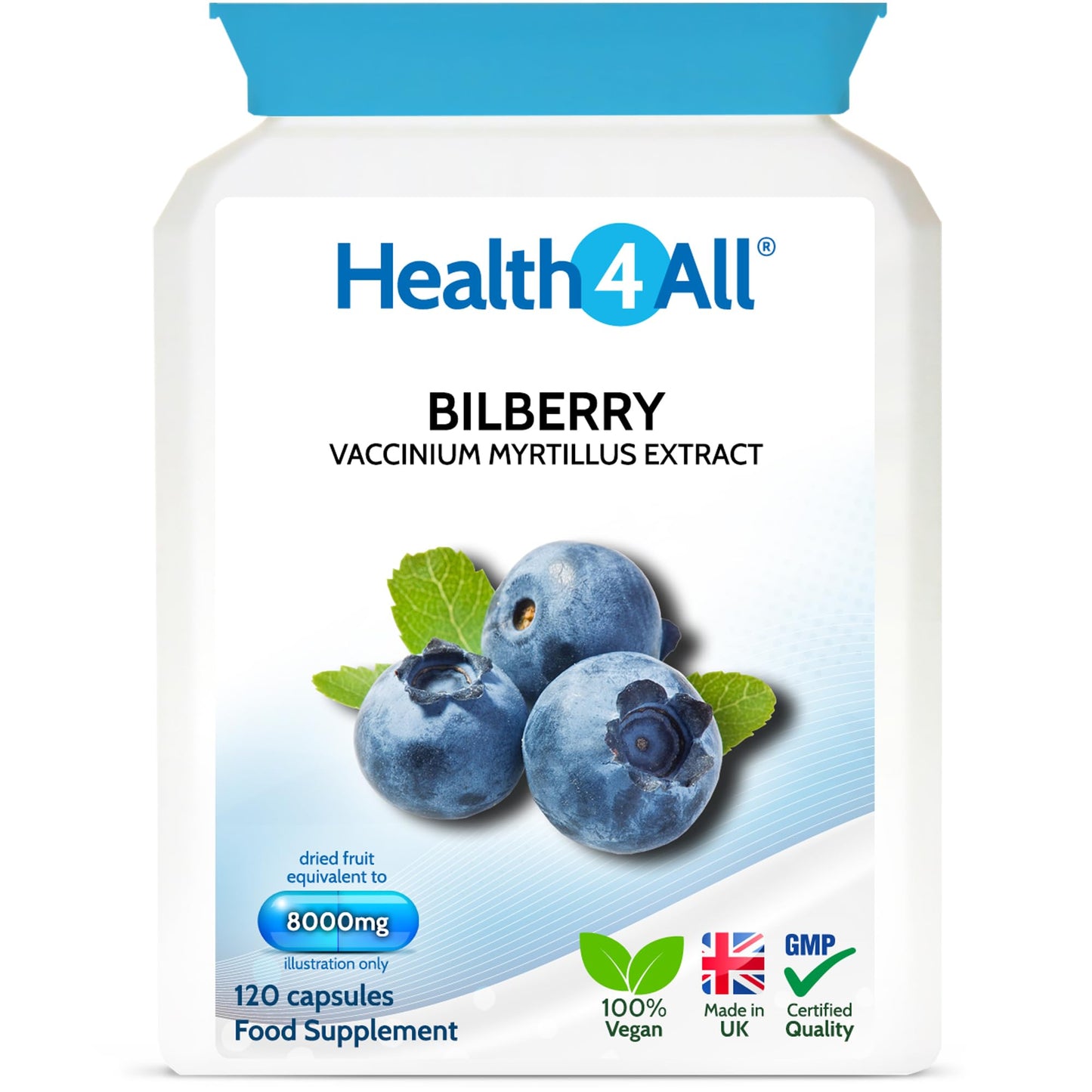 Health4All Bilberry Extract 8,000mg 120 Capsules, 4 Months Supply, Eye Health