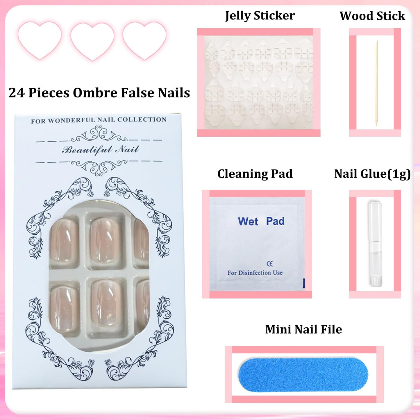 NLFOX 24PCS Ombre Press on Nails - Short Square False Nails with Glue - Nude Stick on nails for Women - Gradient Fake Nails 12 Sizes - Full Cover Glue on nails Long Lasting for DIY Manicure at Home