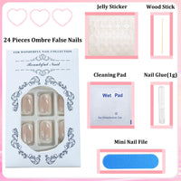 NLFOX 24PCS Ombre Press on Nails - Short Square False Nails with Glue - Nude Stick on nails for Women - Gradient Fake Nails 12 Sizes - Full Cover Glue on nails Long Lasting for DIY Manicure at Home