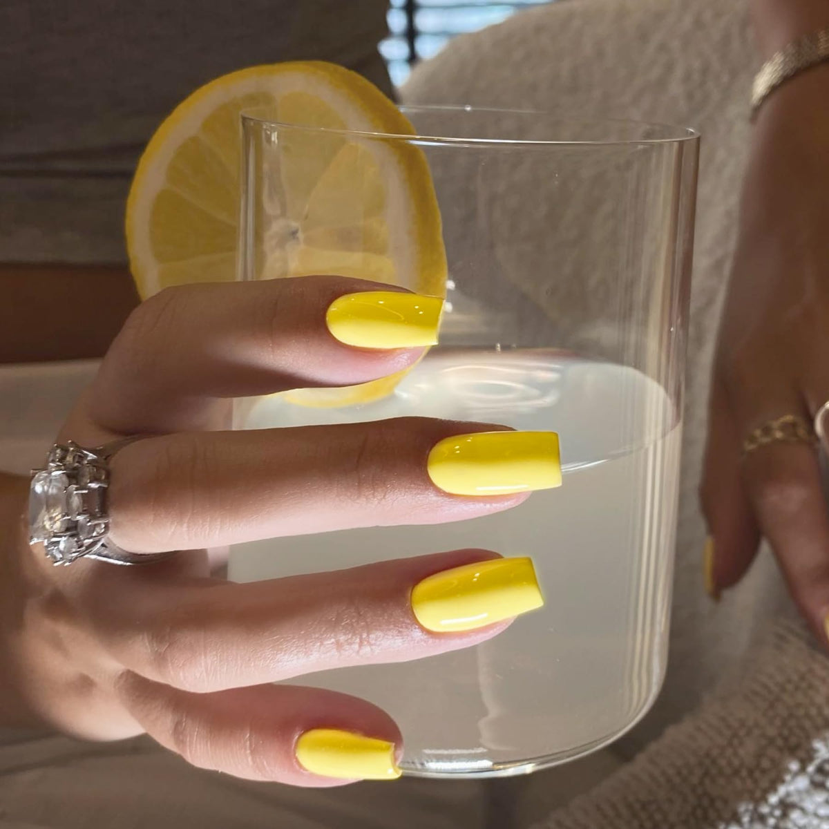 SXVME Bright Yellow Press on Nails Long Square, Light Yellow False Nails Medium Coffin, Glossy Gel Fake Nails Press on, Sheer Gel Stick on Nail for Women, 24 Pcs