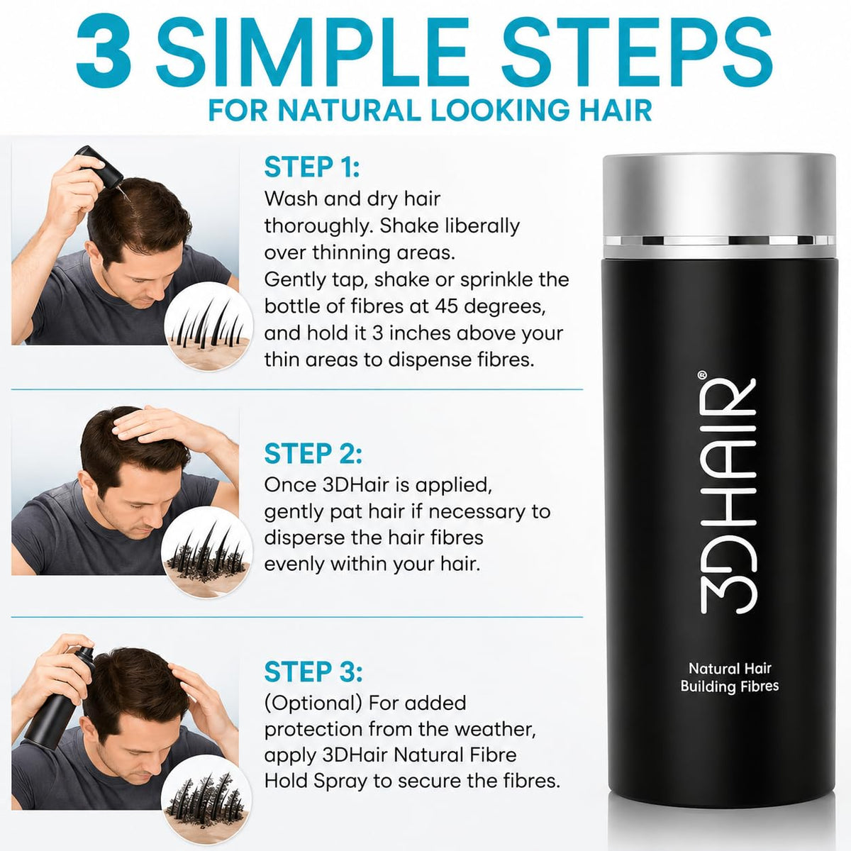 3D Hair Fibres | Hair Powder for Thinning Hair 10g Bottle | Makes Thin Hair Look Thicker in Seconds | Hair Loss Concealer For Women & Men (Dark Brown)