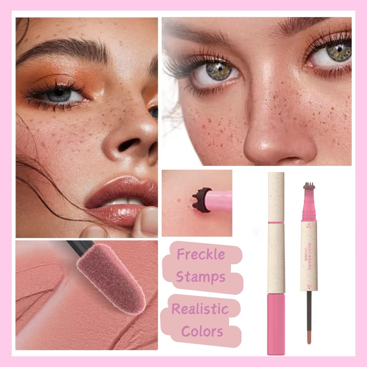 SHEBEEDO Freckle Blush Pen, 2-in-1 Natural Lifelike Light Brown Freckle Stamp & Soft Pink Liquid Blush for Sunkissed Look Makeup, Waterproof, Long-Lasting