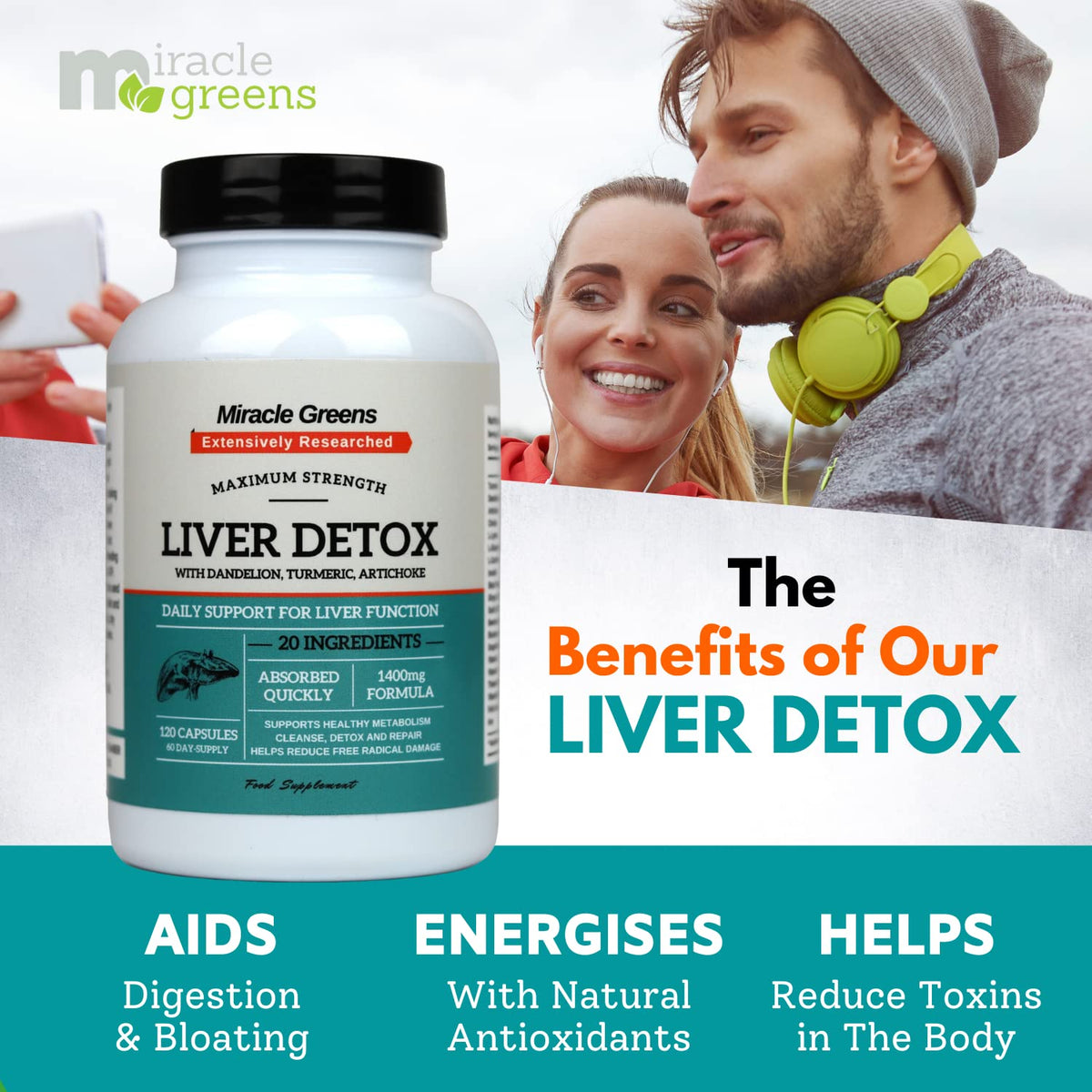 Macro Greens Liver Detox and Repair – 1400mg Complex | High Strength with 20 Effective Ingredients | Boosted with Dandelion, Turmeric, Amino Acids, Vitamins and More | 120 Capsules - 60 Day Supply