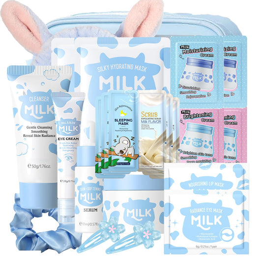 ewku Milk Skin Care Sets & Kits - Teenage Girls Gifts - Milk Skincare Set for Teen Skincare - Gifts For Women - Travel Skincare Set Daily Face Care - Deep Hydrating Smoothing 23PCS