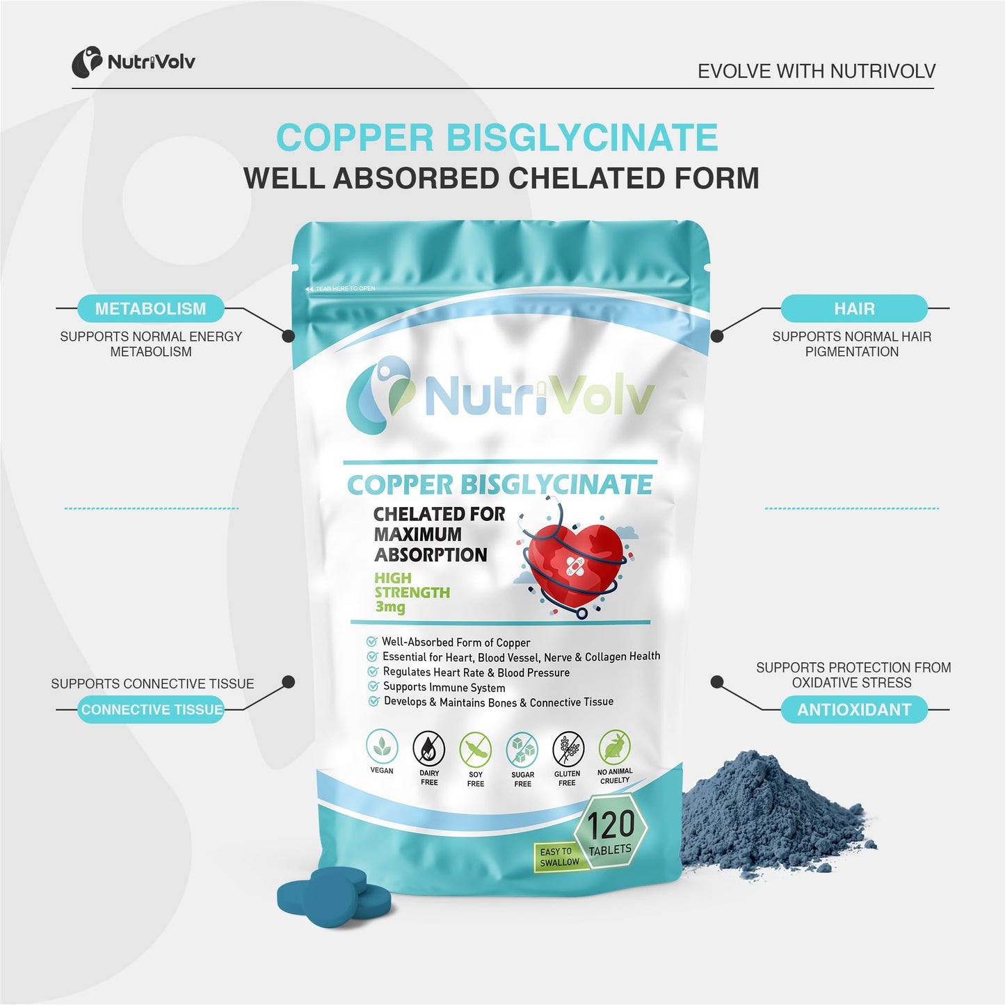 NutriVolv Copper Bisglycinate 3mg Vegan Chelated Cu for Healthy Heart and Improved Immune System, UK Made Pills for Men and Women - 120 Tablets