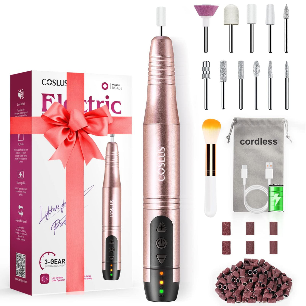 COSLUS Nail Drill Cordless Portable Electric Manicure and Pedicure Set, Professional Nail Files for Acrylic Gel Nails, 45 Nail Drill Kits, Cuticles Hard Skin, Adjustable Speed Rechargeable E File