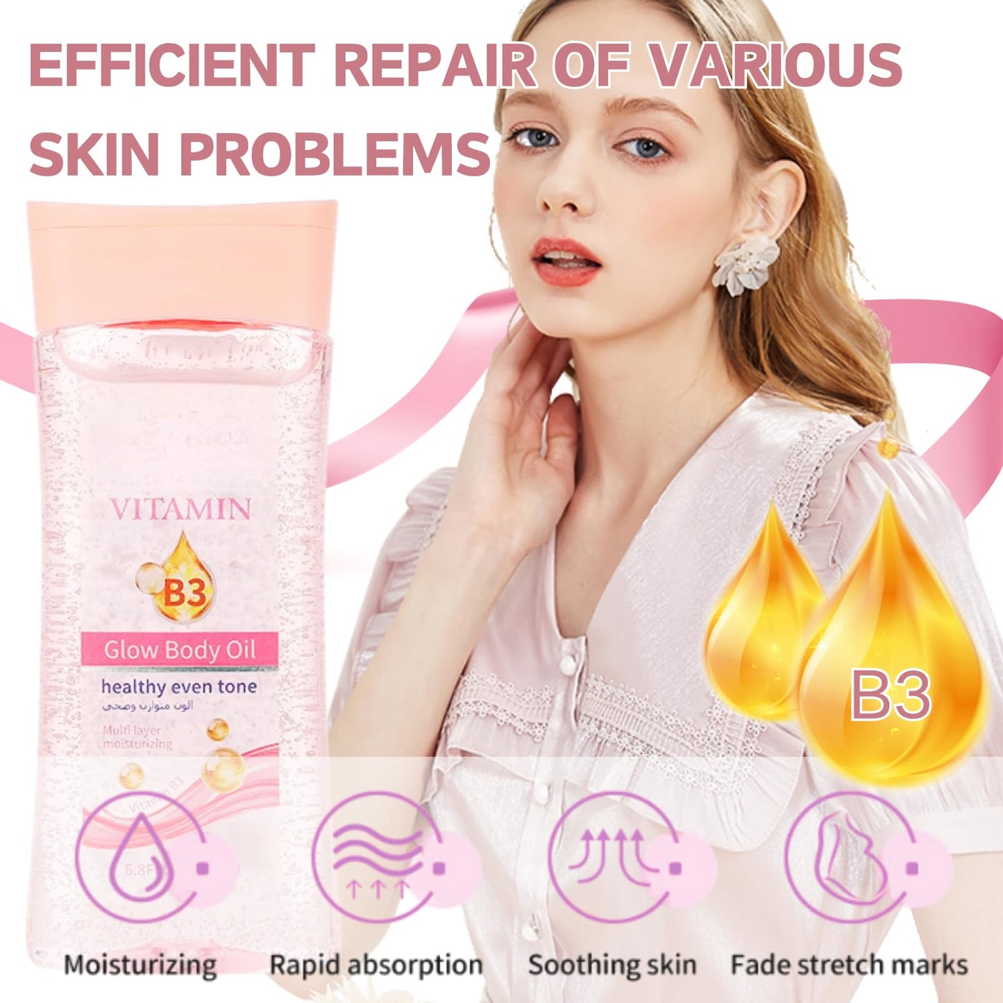 Vitamin B3 Body Oil Gel – Essential Oils for Skin – Glow Body Oil for Women – Massage Oil for Back & Gua Sha – Hydrating, Brightening & Smoothing Skin Care for Dry Skin 200ml