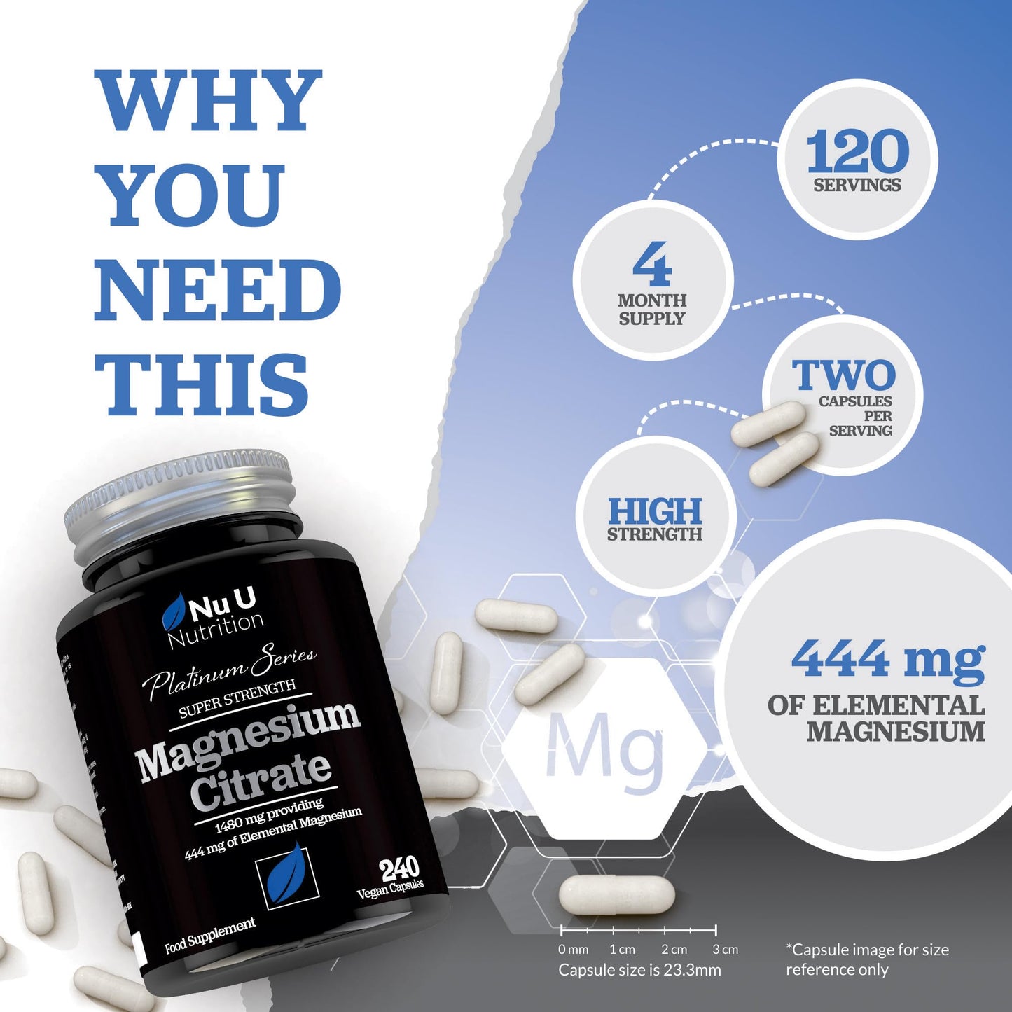 Magnesium Citrate 1480mg - 240 Vegan Capsules - 4 Month Supply - Providing 444mg Elemental Magnesium - Magnesium Capsules not Magnesium Tablets - High Strength Magnesium Supplement