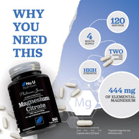 Magnesium Citrate 1480mg - 240 Vegan Capsules - 4 Month Supply - Providing 444mg Elemental Magnesium - Magnesium Capsules not Magnesium Tablets - High Strength Magnesium Supplement
