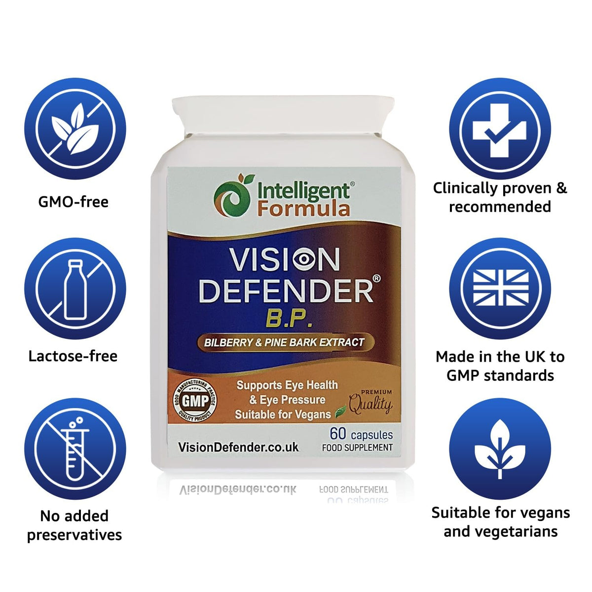 Intelligent Formula Vision Defender BP Eye Health Supplement – Eye Pressure, Circulation & Retinal Support – Plant-Based Natural Bilberry & Pine Bark Extracts Packed with Antioxidants – 60 Vegan Capsules – Made in UK
