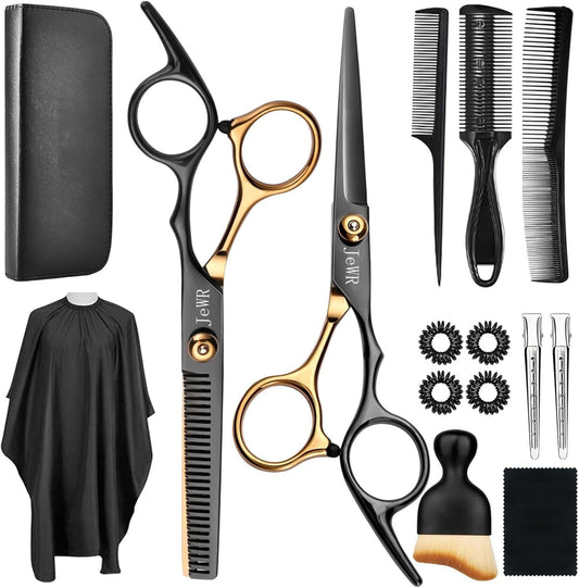 JeWR Hairdressing Scissors, 15 Pcs Thinning Scissor Kit, Professional Hairdressing Scissors Kit with Protective Case, Extra Sharp and Precise for Hair and Beard for Hairdresser/Hairdresser/Beard