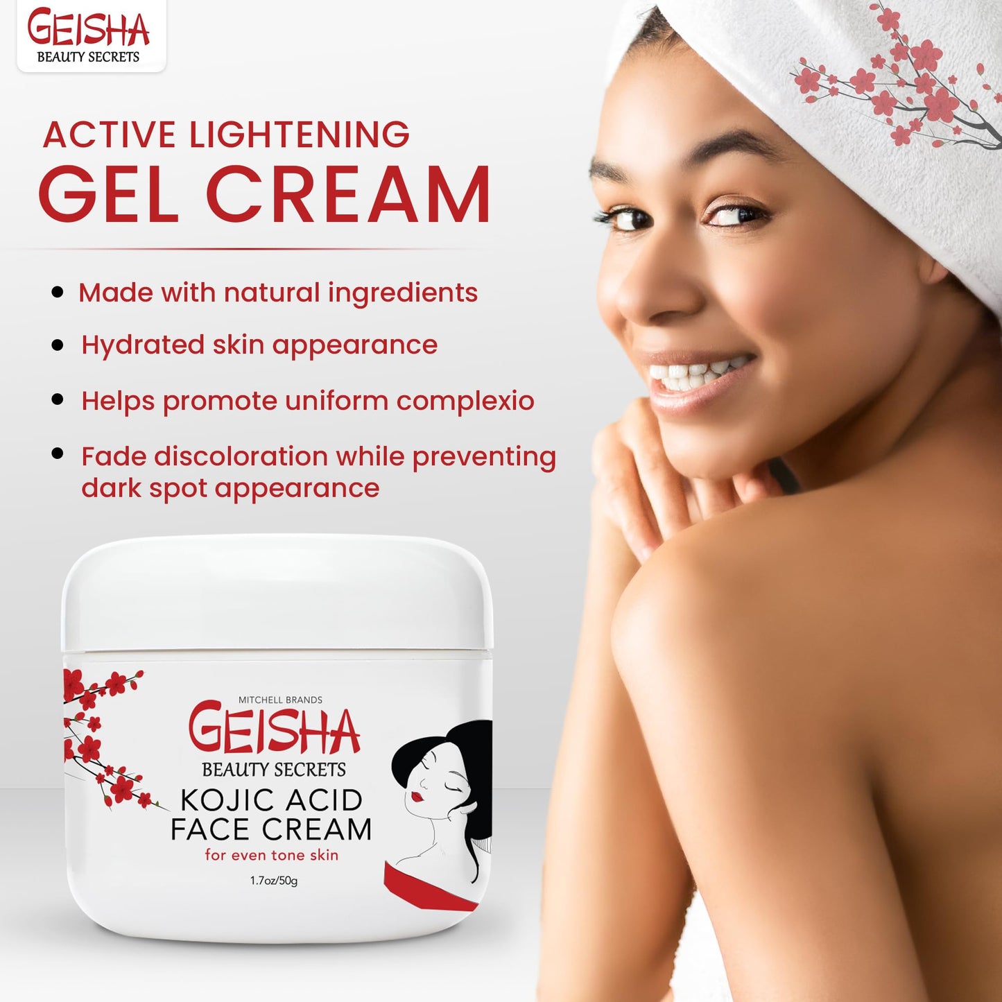 Geisha, Kojic Acid Cream | 1.7 fl oz / 50 ml | Skin Brightening Cream, Freckle Removal for Face, Knees, Body, Armpits, Neck, Underarm, Intimate Parts