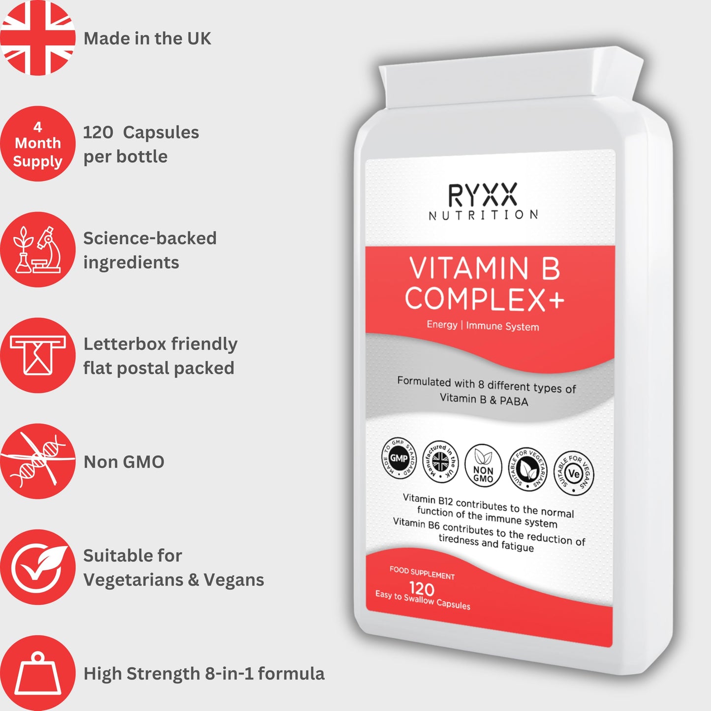 Ryxx Vitamin B Complex+ | High Strength & High Absorption B Vitamins | 120 Vegan Capsules | with B6, B12 & Folate for Energy & Tiredness Reduction | Made in the UK by RYXX