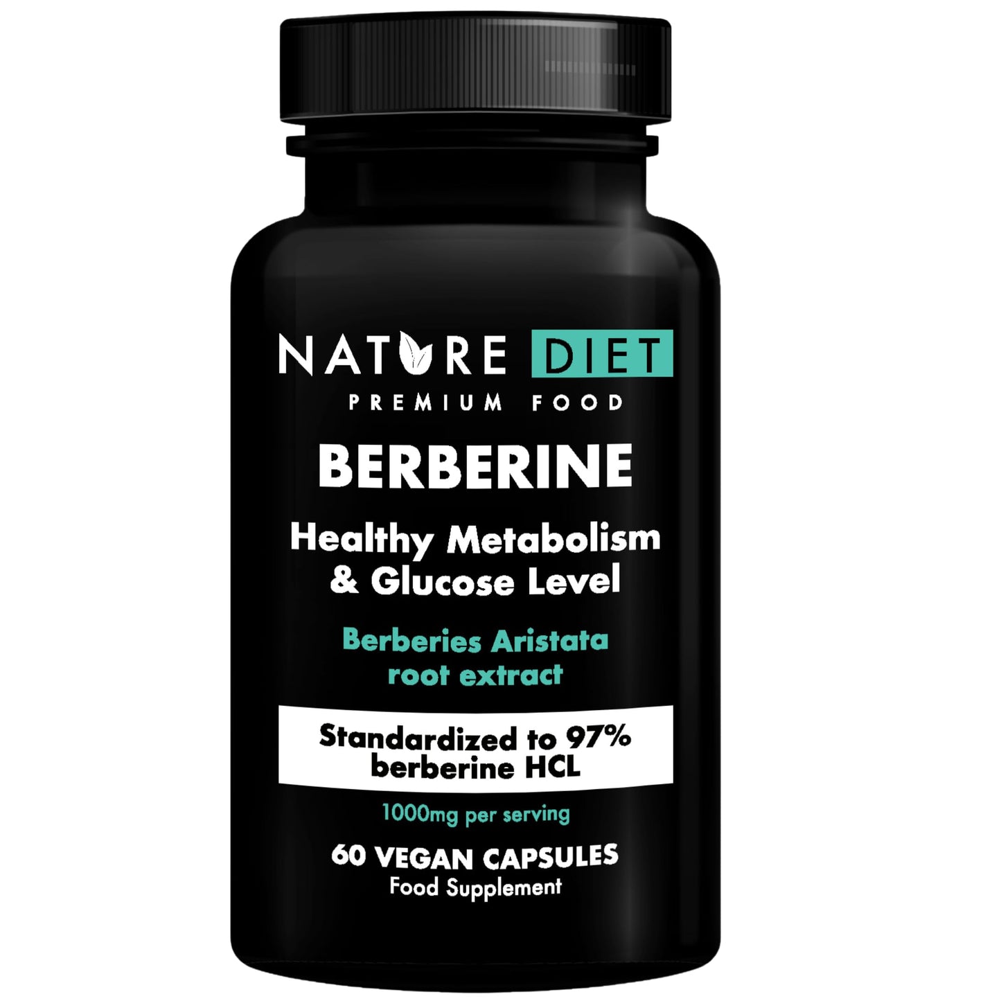 Nature Diet Berberine - 1000mg Berberine HCL per Serving - 60 Vegan Capsules - Supports Metabolism & Glucose Levels