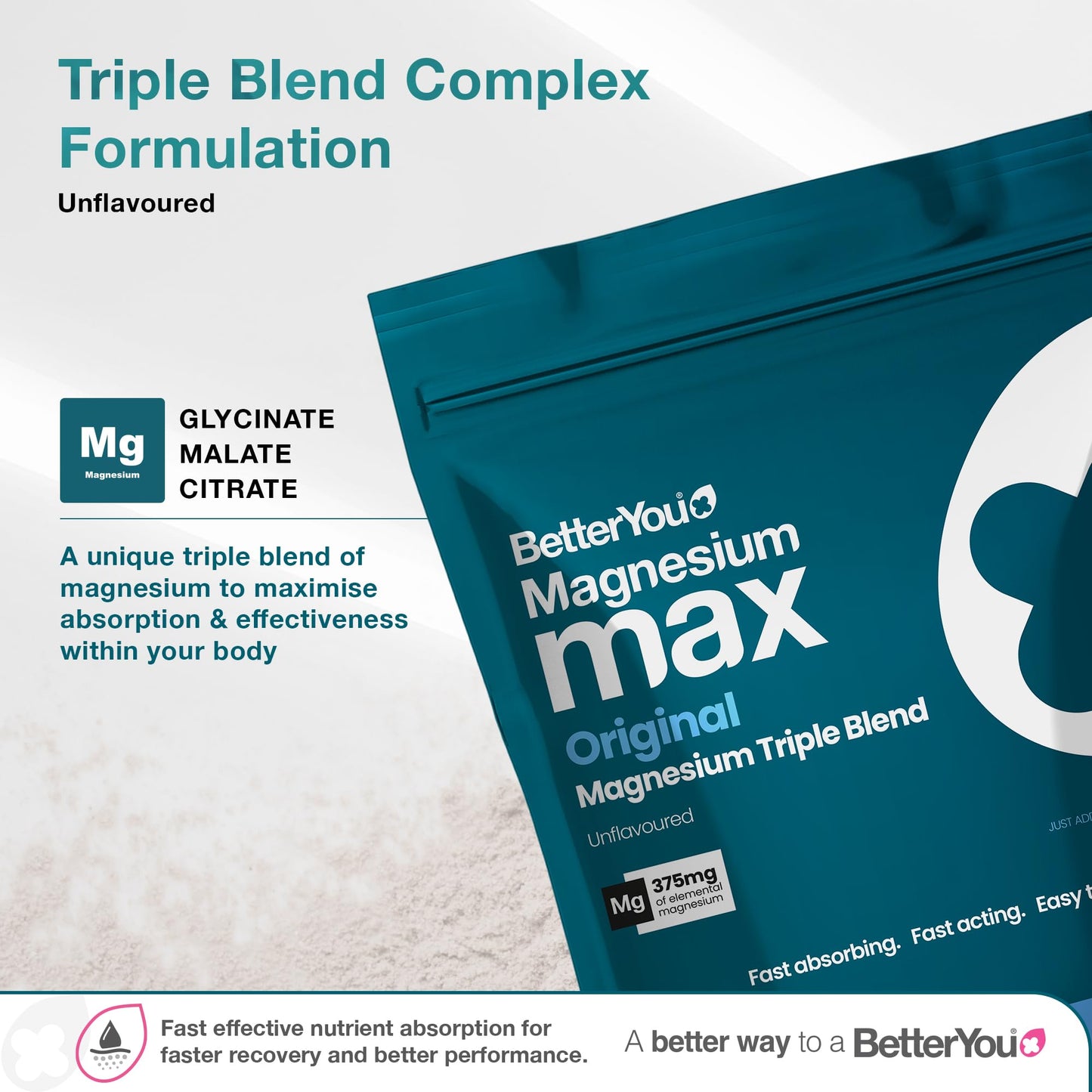 BetterYou Magnesium Glycinate, Citrate & Malate Supplement | 1942mg Magnesium Max Powder - Unflavoured, 3-in-1 Powder 375mg Elemental Absorbtion, Fast Absorbing, Fast Acting & Easy to Use