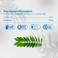 Senna Leaf 400mg 60 Capsules, Herbal Overnight Relief, Stool Softener, Regularity Supplement, Vegan Cassia Angustifolia Leaf, Additive Free, Not Tablets, Made in UK by Health4All