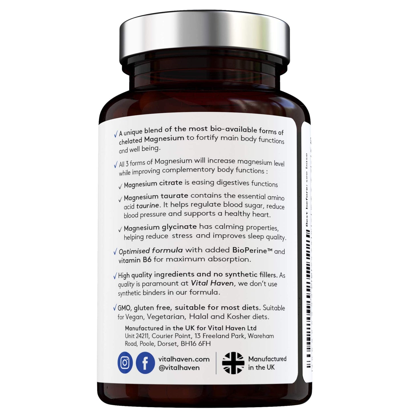 Complex Triple Action Formula - Magnesium Citrate + Glycinate + Taurate and Vitamin B6 with Bioperine for Maximum Absorption - Max Potency - Premium Ingredients - Vegan - Made in The UK