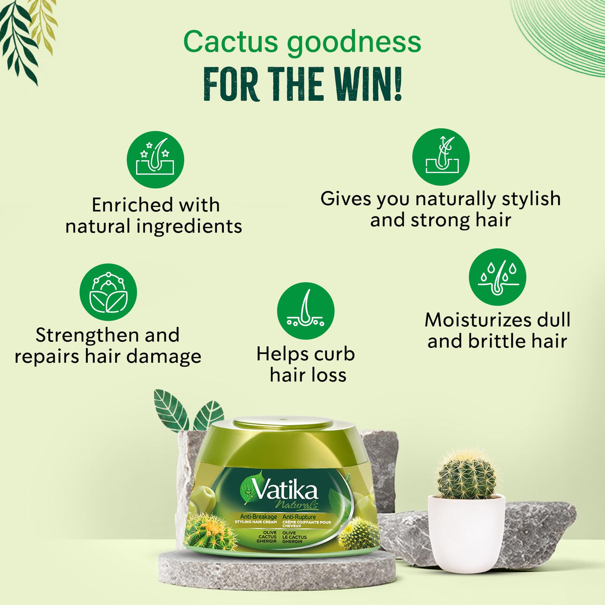 Vatika Naturals Hair Cream - Anti-Breakage (210ml, Cactus) | Strengthening Formula with Olive, Cactus & Ghergir for Strong, Stylish Hair