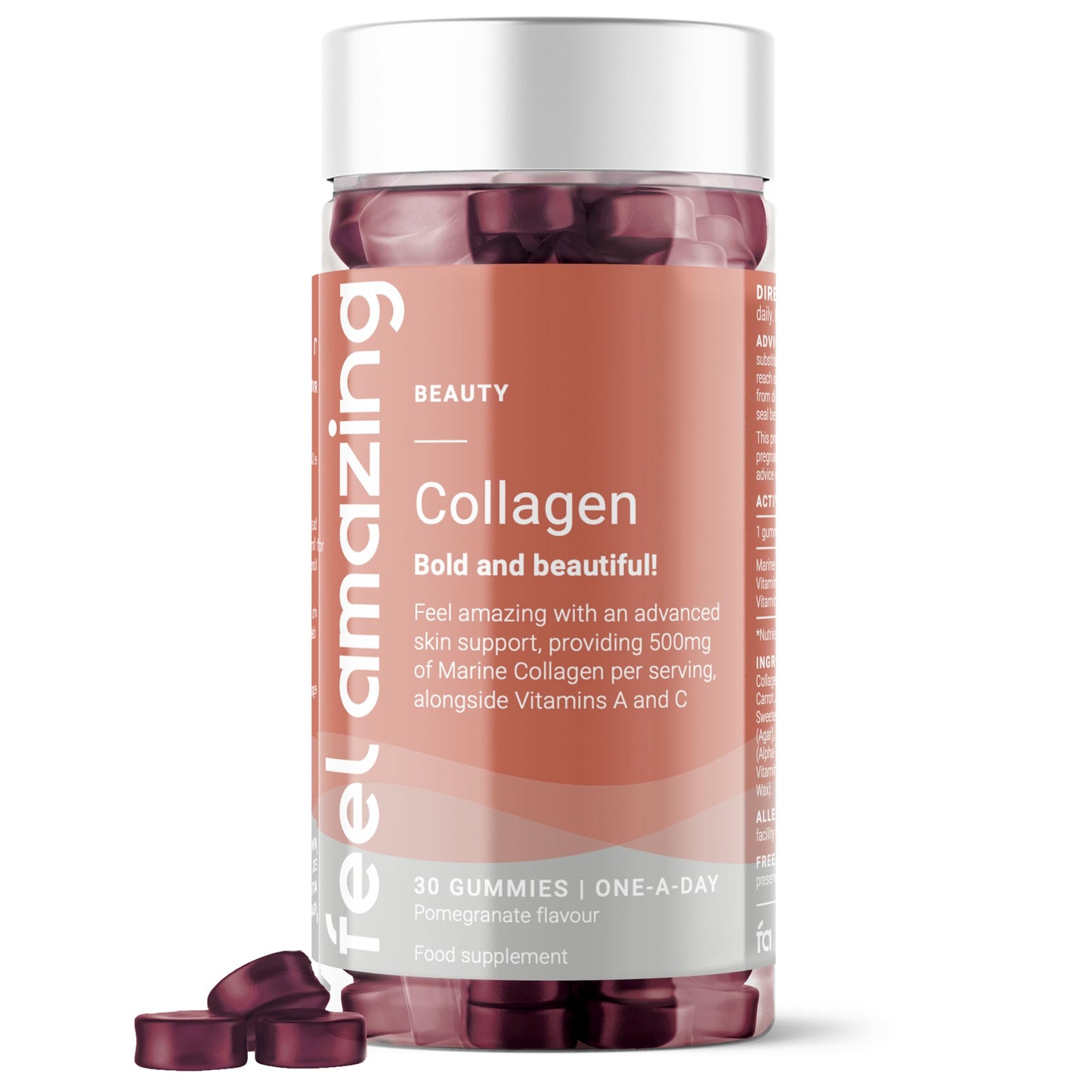 Collagen Gummies with Vitamins A and C, 500mg of Marine Collagen Per Serving, Advanced Skin Support, One-a-Day, 30 Gummies, One Month Supply | Feel Amazing
