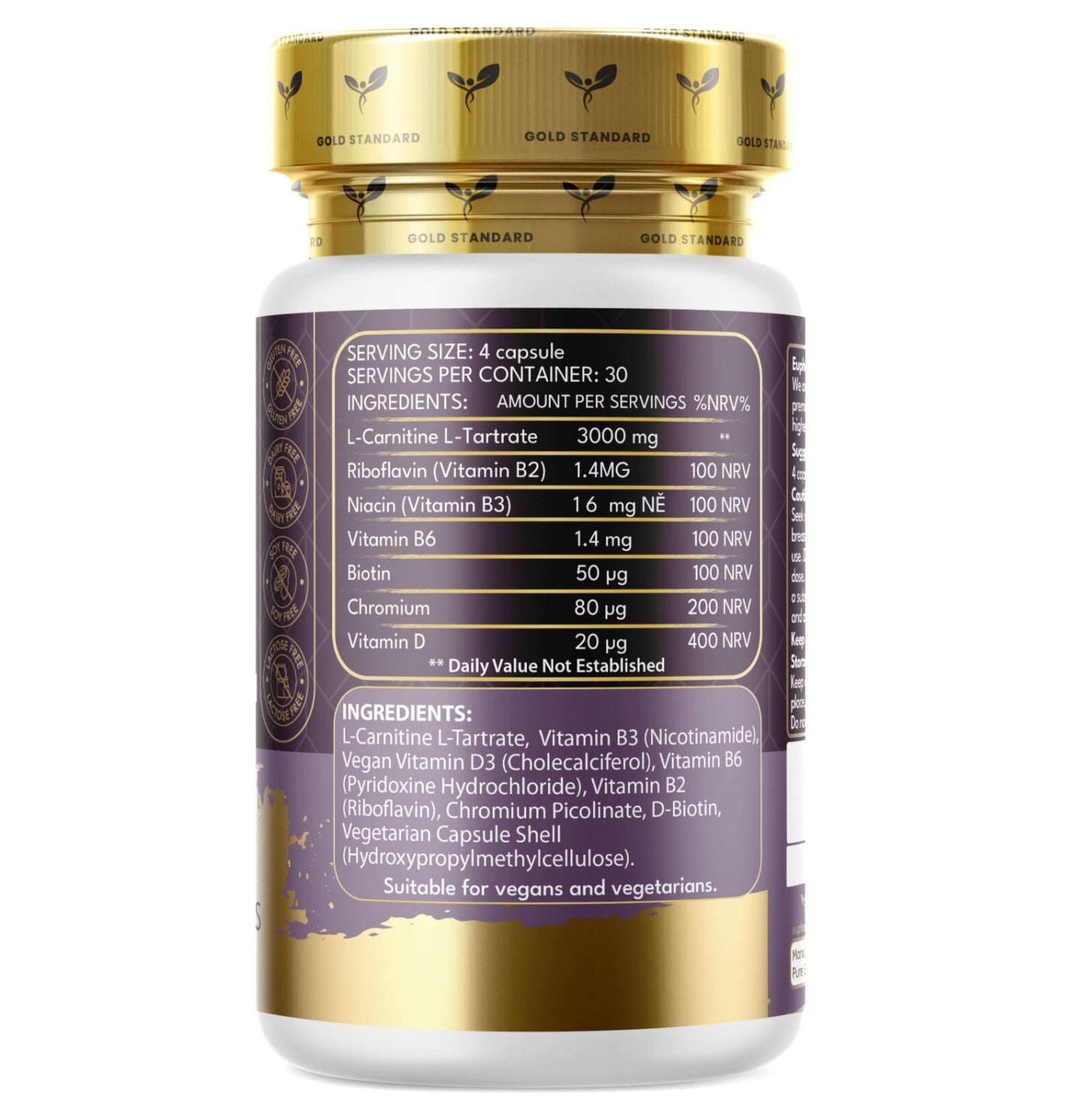 Euphoria Bliss L-Carnitine Capsules 3000mg - L-Carnitine Formula with Vitamins D & B - High Strength L-Carnitine Tartrate Supplement – 120 Vegan Tablets – Supports Energy, Metabolism, & Reduces Tiredness & Fatigue