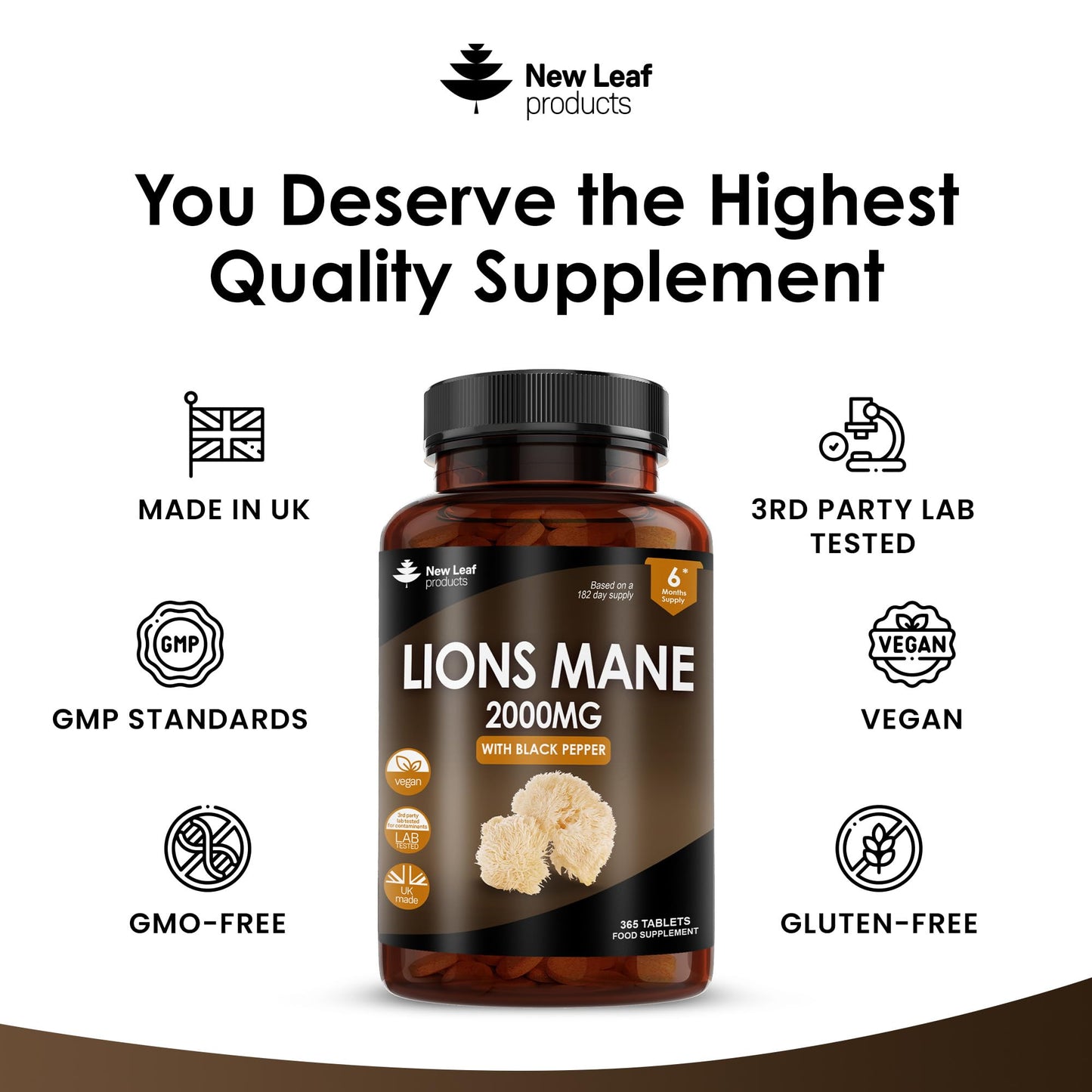 Lions Mane Mushroom 2000mg - 365 High Strength Vegan Tablets - Lion's Mane Supplement with Black Pepper - Lion's Mane Mushrooms Extract (Not Powder or Capsules) Made in The UK by New Leaf Products