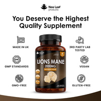 Lions Mane Mushroom 2000mg - 365 High Strength Vegan Tablets - Lion's Mane Supplement with Black Pepper - Lion's Mane Mushrooms Extract (Not Powder or Capsules) Made in The UK by New Leaf Products
