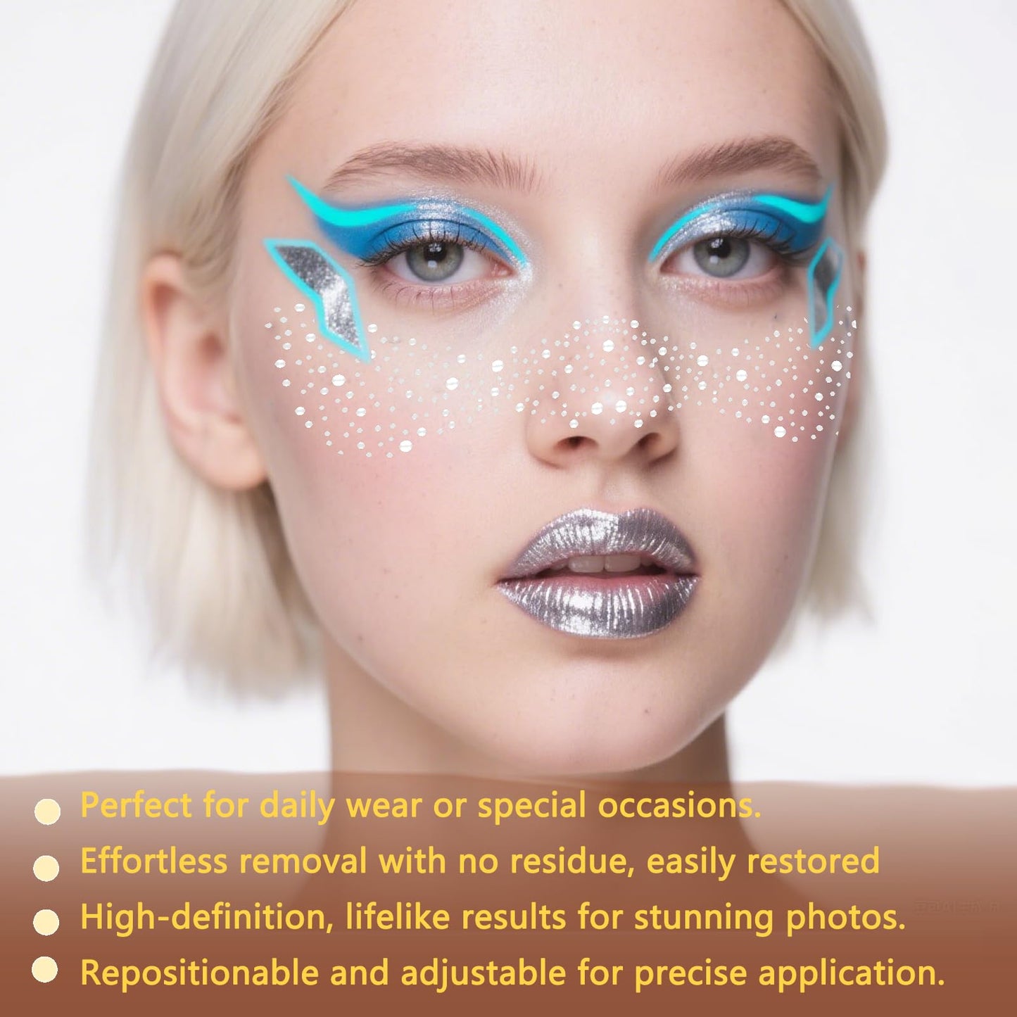 AmiCera Glitter Freckles Face Tattoo, 6 Pcs Face Glitter Freckles Gold for Kids Women, Fake Sparkle Temporary Tattoos Stickers for Girls and Adults Festival Makeup Accessories Face Decor, Silver