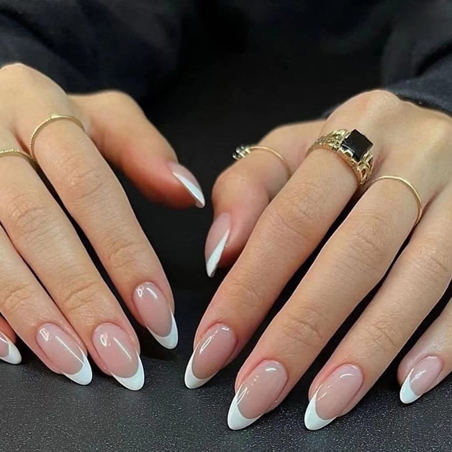 Ceboic 24PCS Short False Nails Almond, French Tip Nude & White Press on Nails Designs, Glossy Removable Glue-on Nails Fake Nails Set with Glue Stickers, Acrylic Full Cover Stick on Nails for Women Girls