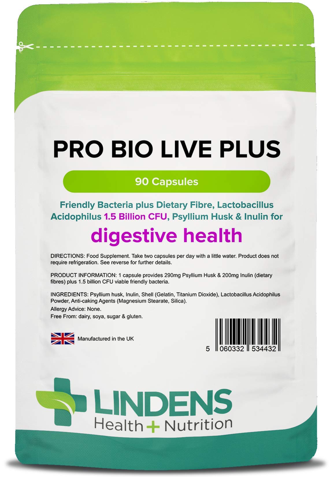 Lindens - Pro Bio Live Plus Dietary Fibre - 90 Capsules - UK Made - Lactobacillus Acidophilus, 1.5 Billion CFU with Psyllium Husk & Inulin, Healthy Digestion - Letterbox Friendly, Vegan