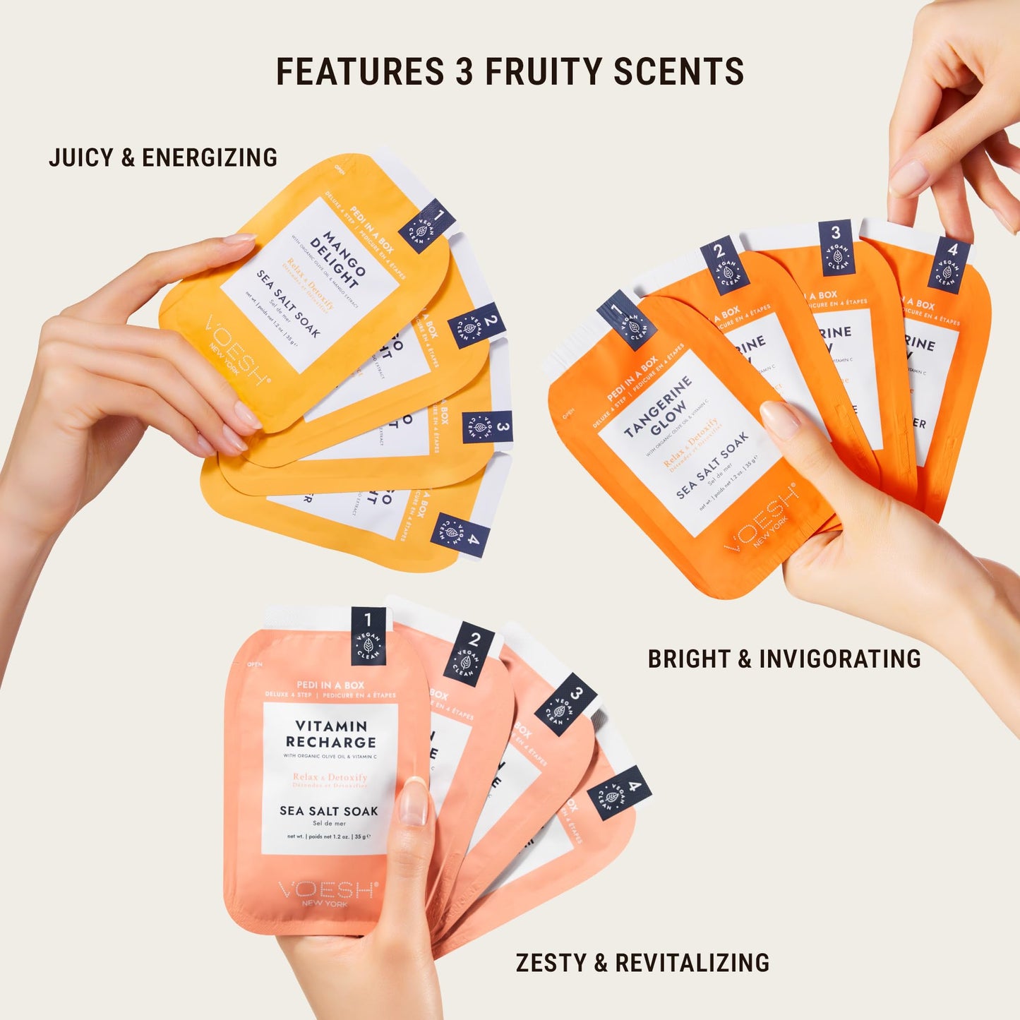 VOESH Pedi In a Box 4 Step Fruity Trio 3 Pack, Mango Delight, Tangerine Twist, and Vitamin Recharge, At Home Pedicure Treatment, At Home Pedi, Spa Treatment, Vegan Beauty, Foot Spa, Luxury