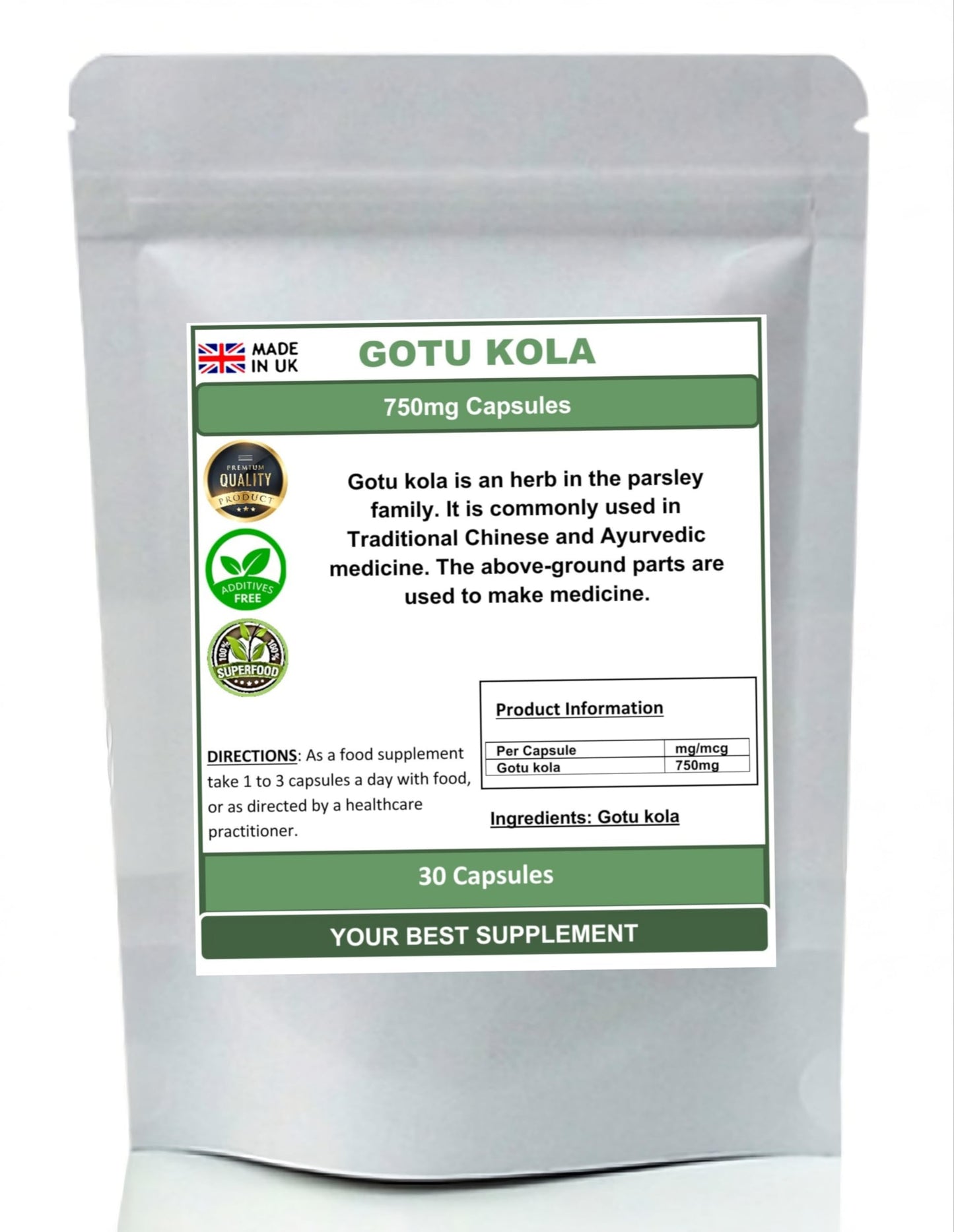 Your Best Supplement Gotu Kola Capsules 750mg 100% Natural and Pure High Strength Supplement (30)