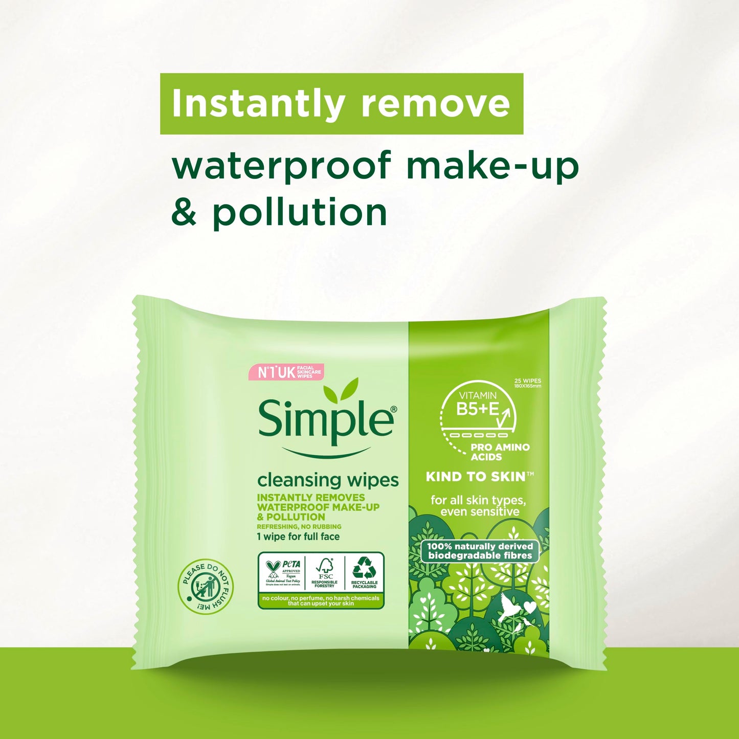 Simple Kind to Skin Cleansing Wipes waterproof makeup remover with vitamins B5 + E 25 wipes