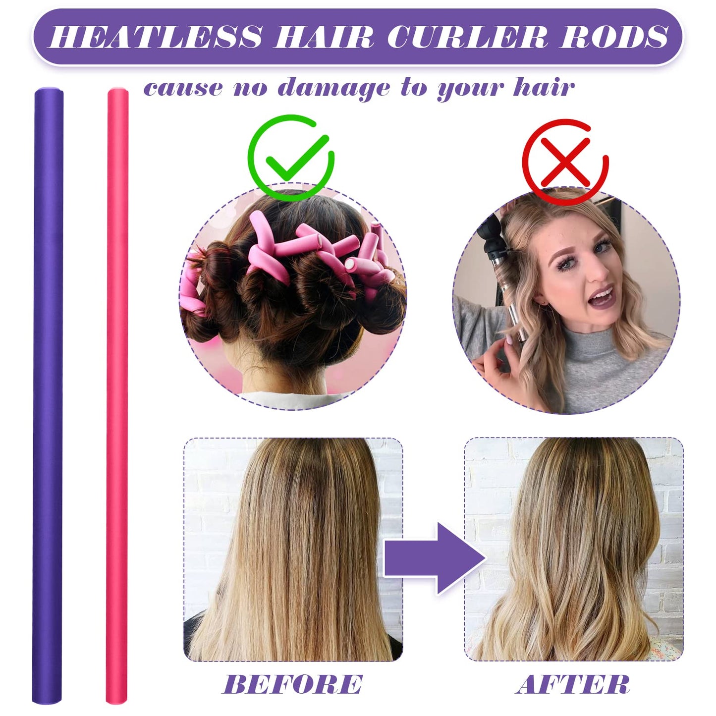 VEGCOO 42 Pcs Flexible Curling Rods Kit, 40 Pcs 9.5'' Flexi Rods in 0.3''/0.5'' Diameters with 2 Pcs Steel Pintail Comb for Long Hair, Short Hair, DIY Hair Salon