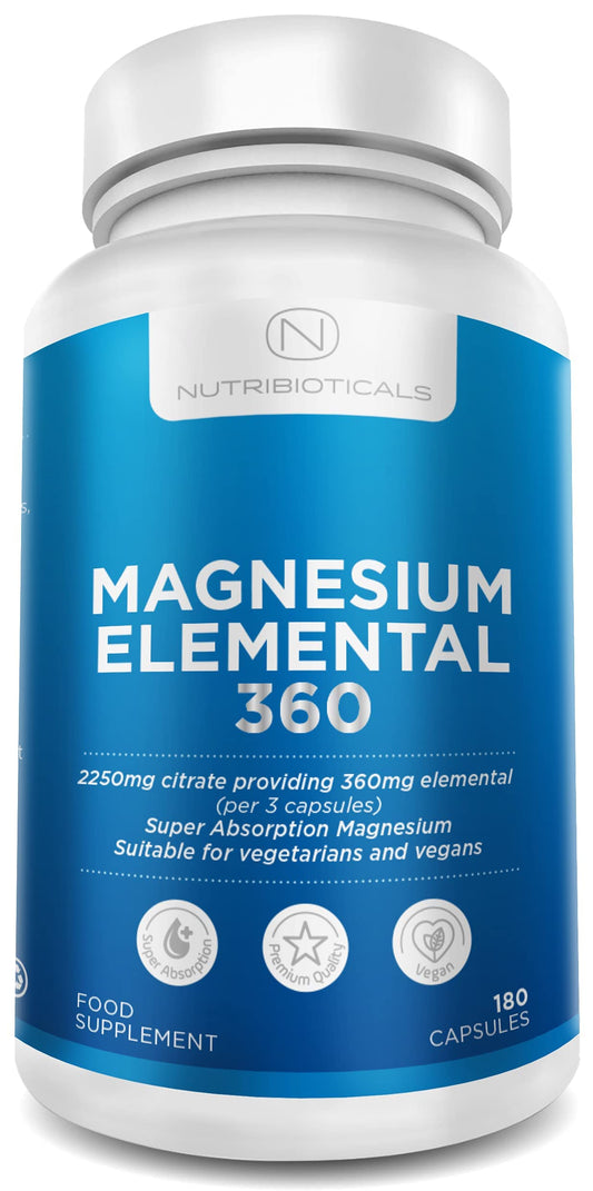 Nutribioticals Ltd Magnesium Citrate 2250mg of Pure Citrate Providing 360mg Elemental, 96 Percent of Your Recommended Daily Amount - 180 Vegan Capsules (3 caps per Serving, 2 Months Supply)