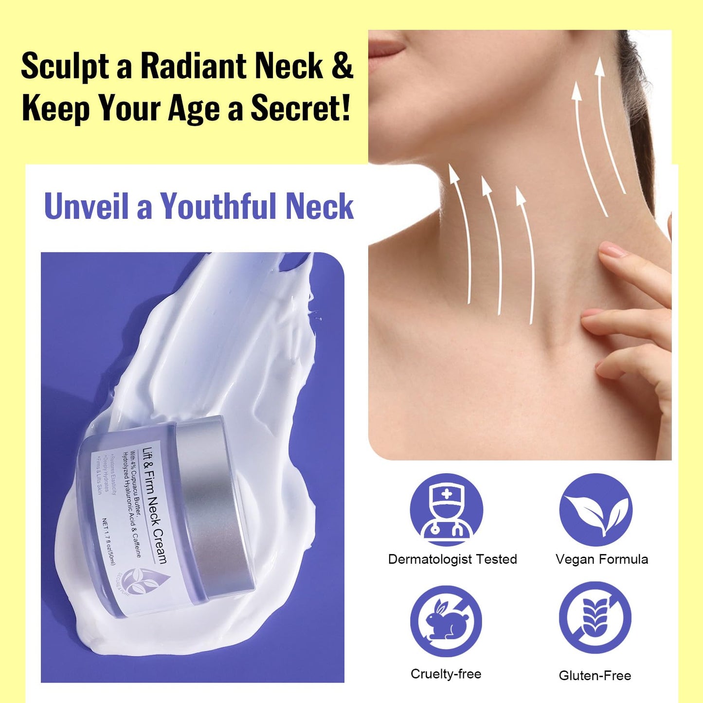 RoongDuuDll Neck Creams for Tightening and Firming, Neck Firming Cream, Tighten and Lift Neck Cream for Neck and Chest Firming, Smoothing Wrinkles & Fine Lines with Cupuacu Butter, Skin Tightening Cream for Body